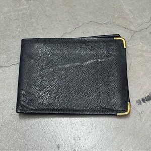 Vintage Swank English Morocco leather bifold wallet with gold corner protectors